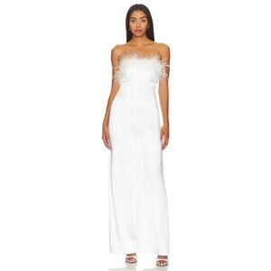 Lovers & Friends Moira Feather Trim Jumpsuit Strapless Wide Leg Satin White Sz M